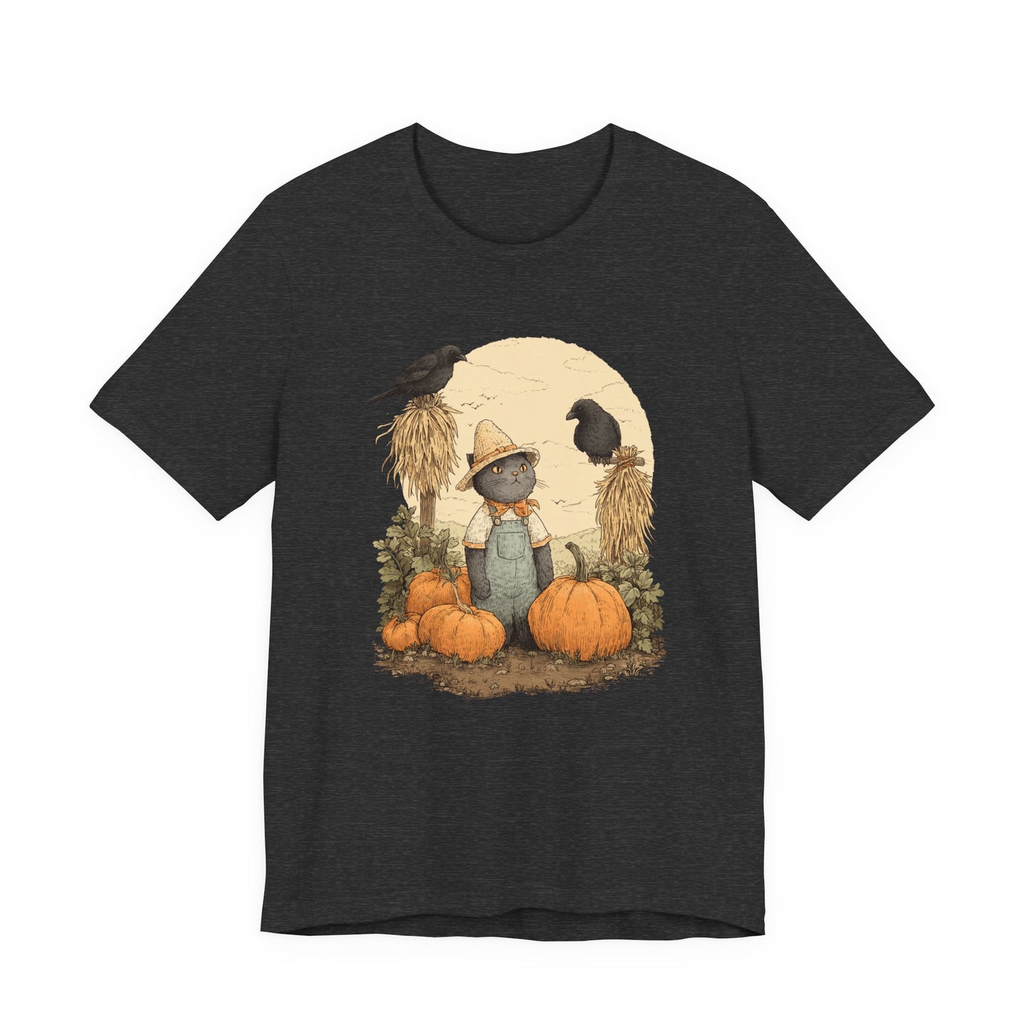 Harvest Cat T-Shirt Grey Cat with Scarecrows & Pumpkins, Fall Graphic Tee, Halloween Cute Creepy Shirt, Autumn Pet Lover Gift