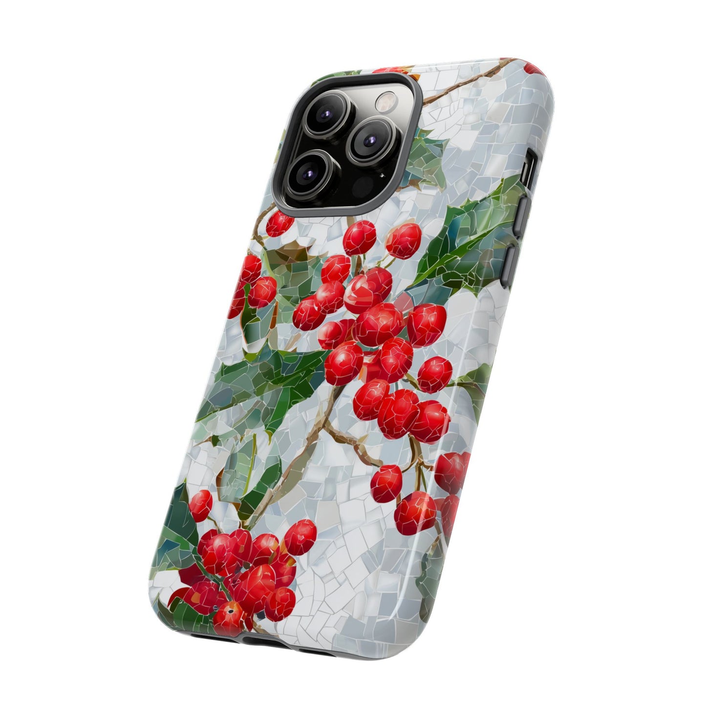 Holly Berry Phone Case, Christmas Mosaic Design, Winter Botanical Cover for iPhone Samsung Pixel