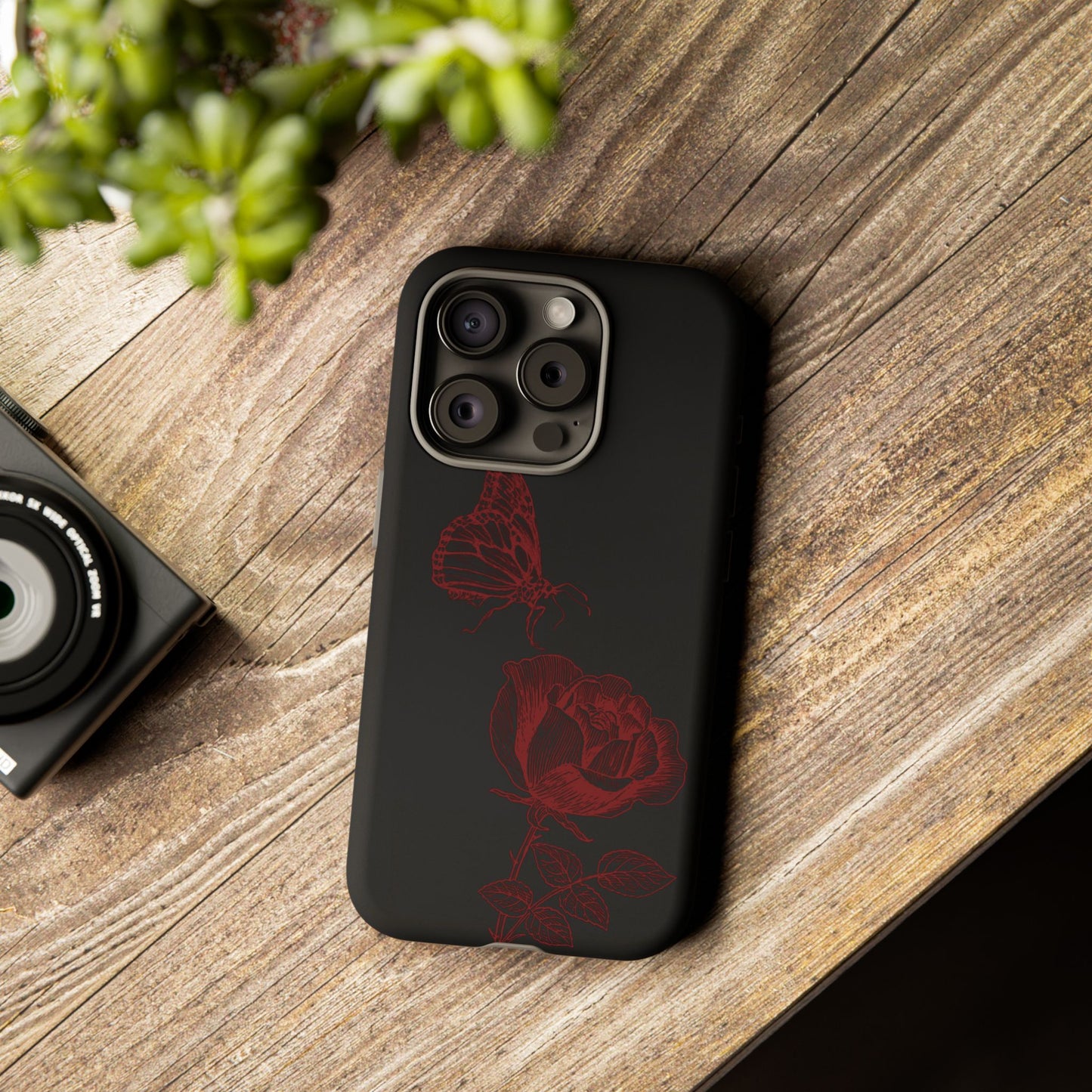 Black Rose and Butterfly Phone Case - Dark Academia Aesthetic Gothic iPhone, Galaxy and Pixel Cover