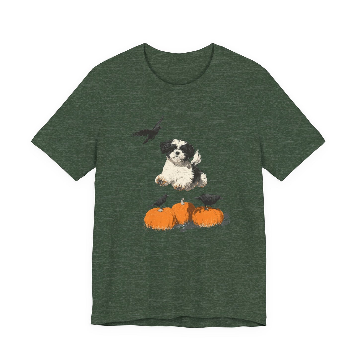 Shih Tzu Fall Shirt Black & White Dog Tee with Pumpkins and Crows, Autumn Pet Lover Gift, Halloween Cozy Graphic T-Shirt