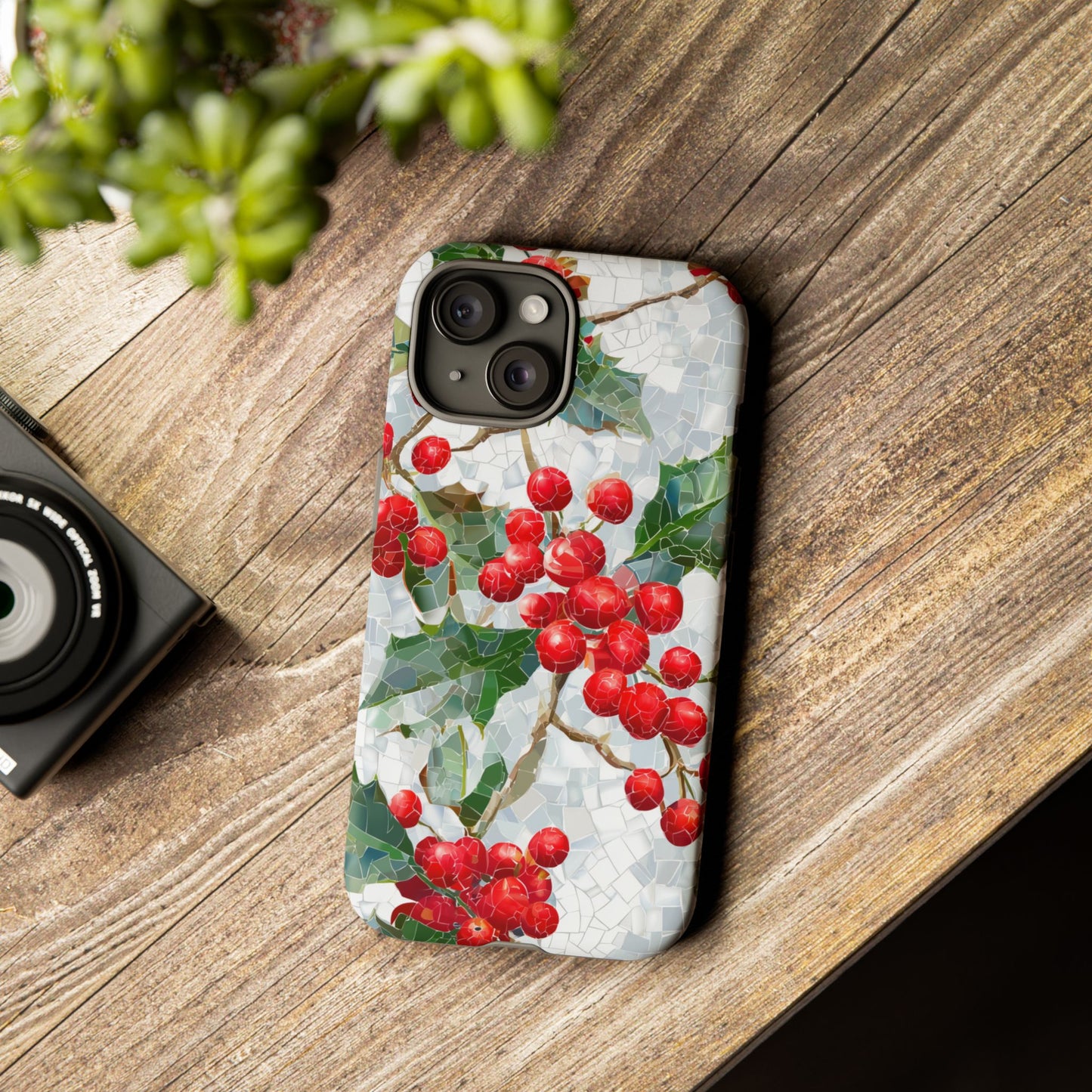 Holly Berry Phone Case, Christmas Mosaic Design, Winter Botanical Cover for iPhone Samsung Pixel