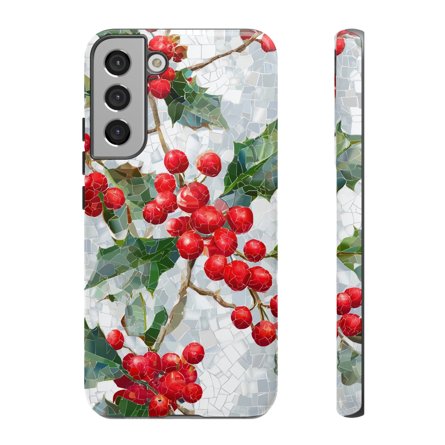 Holly Berry Phone Case, Christmas Mosaic Design, Winter Botanical Cover for iPhone Samsung Pixel