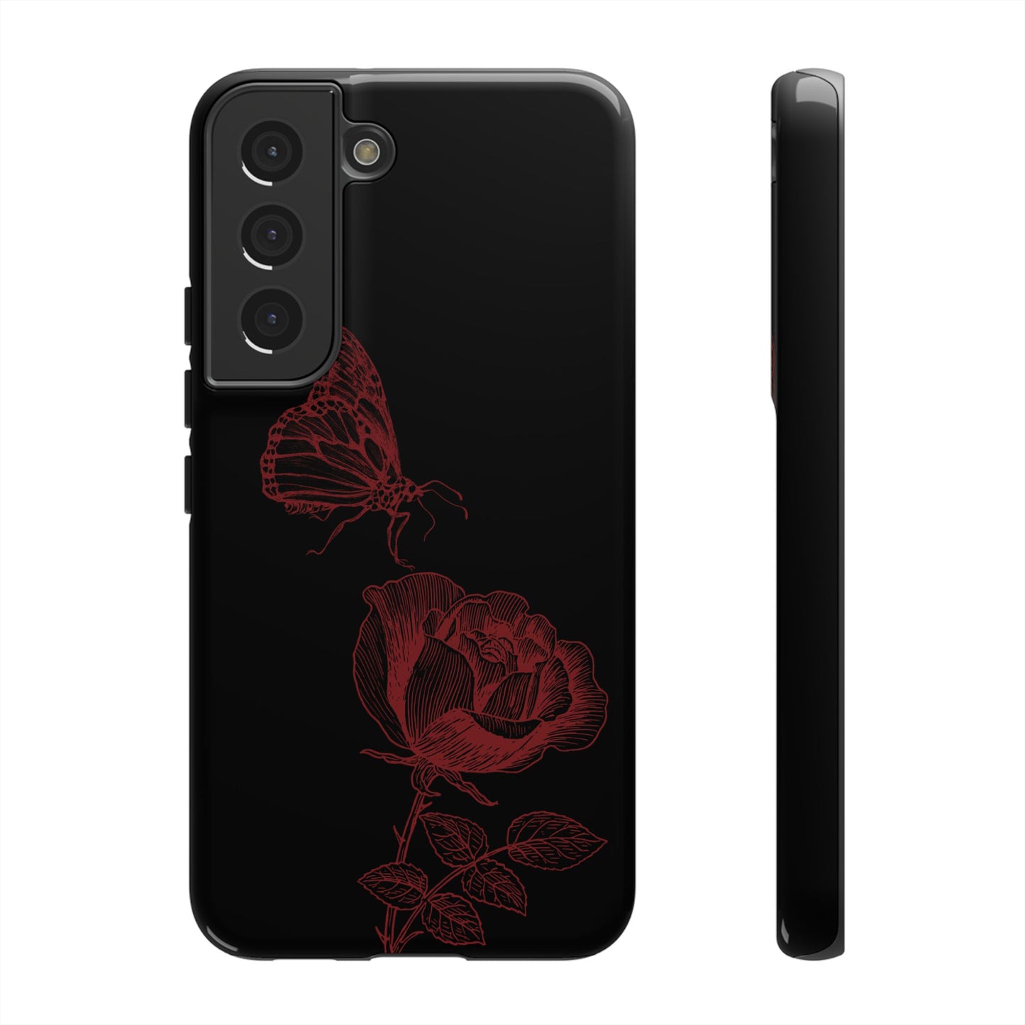 Black Rose and Butterfly Phone Case - Dark Academia Aesthetic Gothic iPhone, Galaxy and Pixel Cover