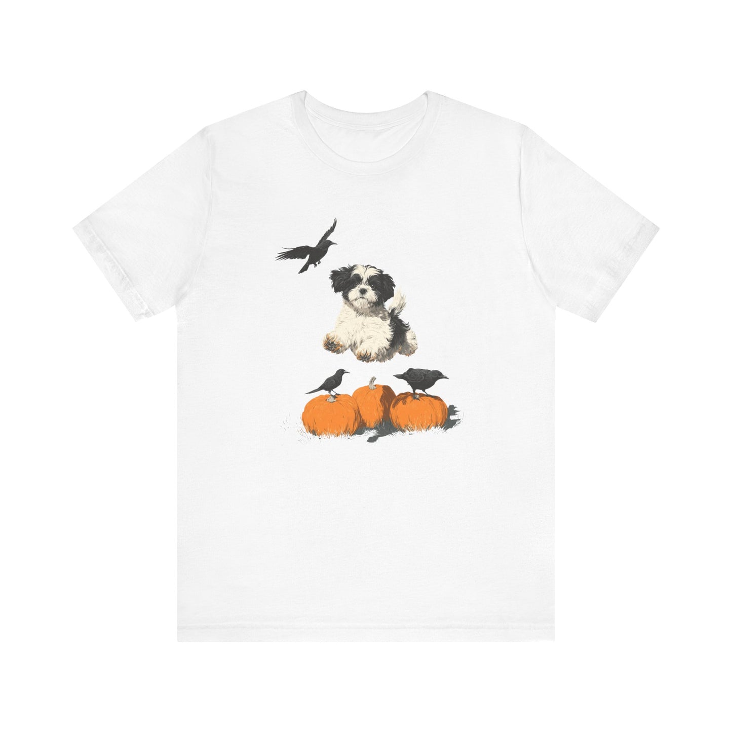 Shih Tzu Fall Shirt Black & White Dog Tee with Pumpkins and Crows, Autumn Pet Lover Gift, Halloween Cozy Graphic T-Shirt