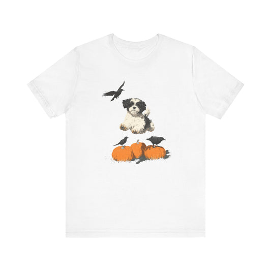 Shih Tzu Fall Shirt Black & White Dog Tee with Pumpkins and Crows, Autumn Pet Lover Gift, Halloween Cozy Graphic T-Shirt