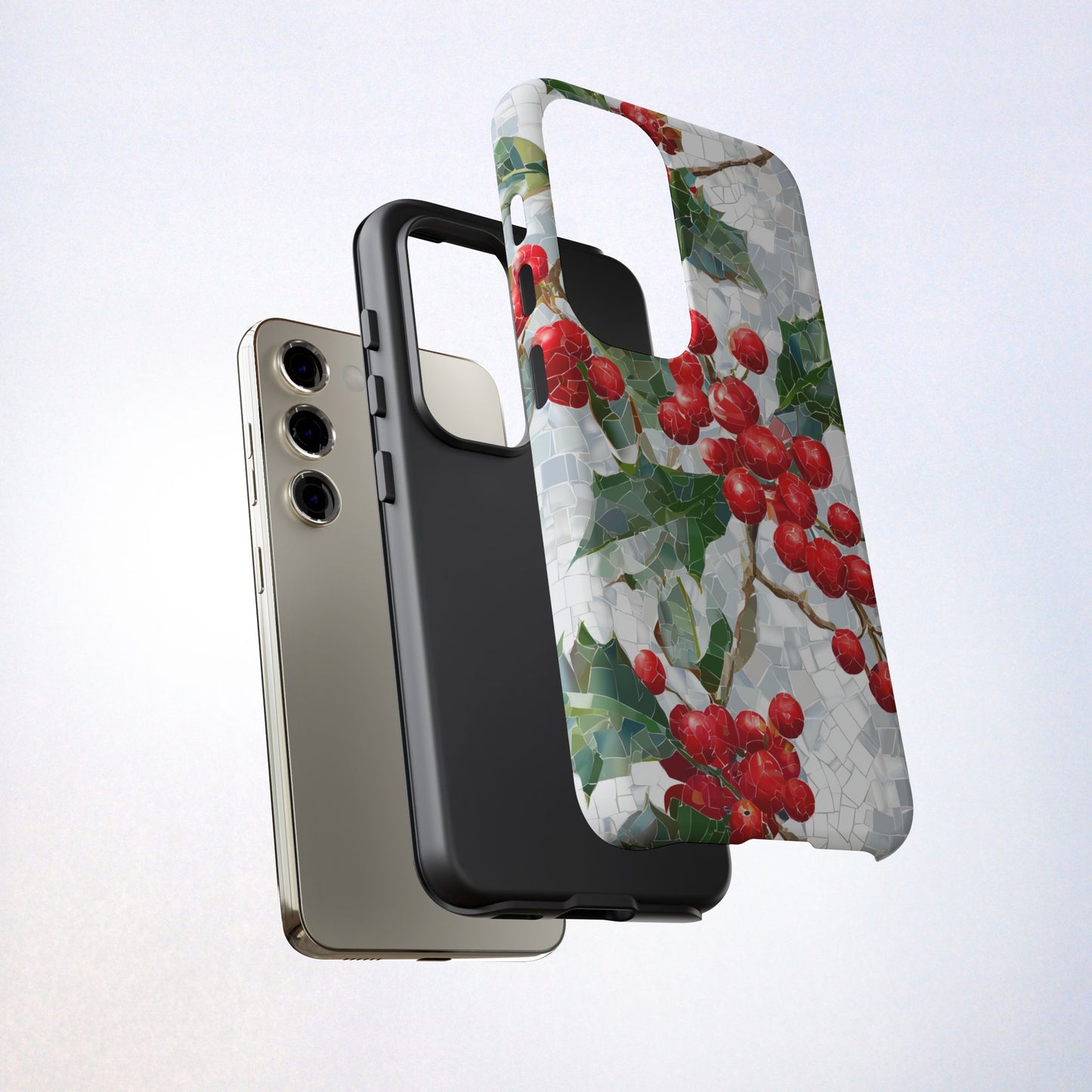 Holly Berry Phone Case, Christmas Mosaic Design, Winter Botanical Cover for iPhone Samsung Pixel