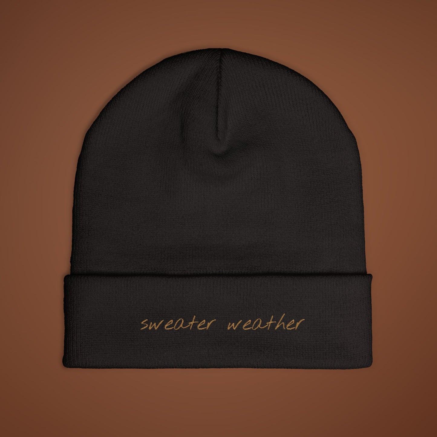 Sweater Weather Embroidered Beanie, Cozy Knit Fall Hat, Winter Accessory, Brown Embroidery Autumn Fashion Gift