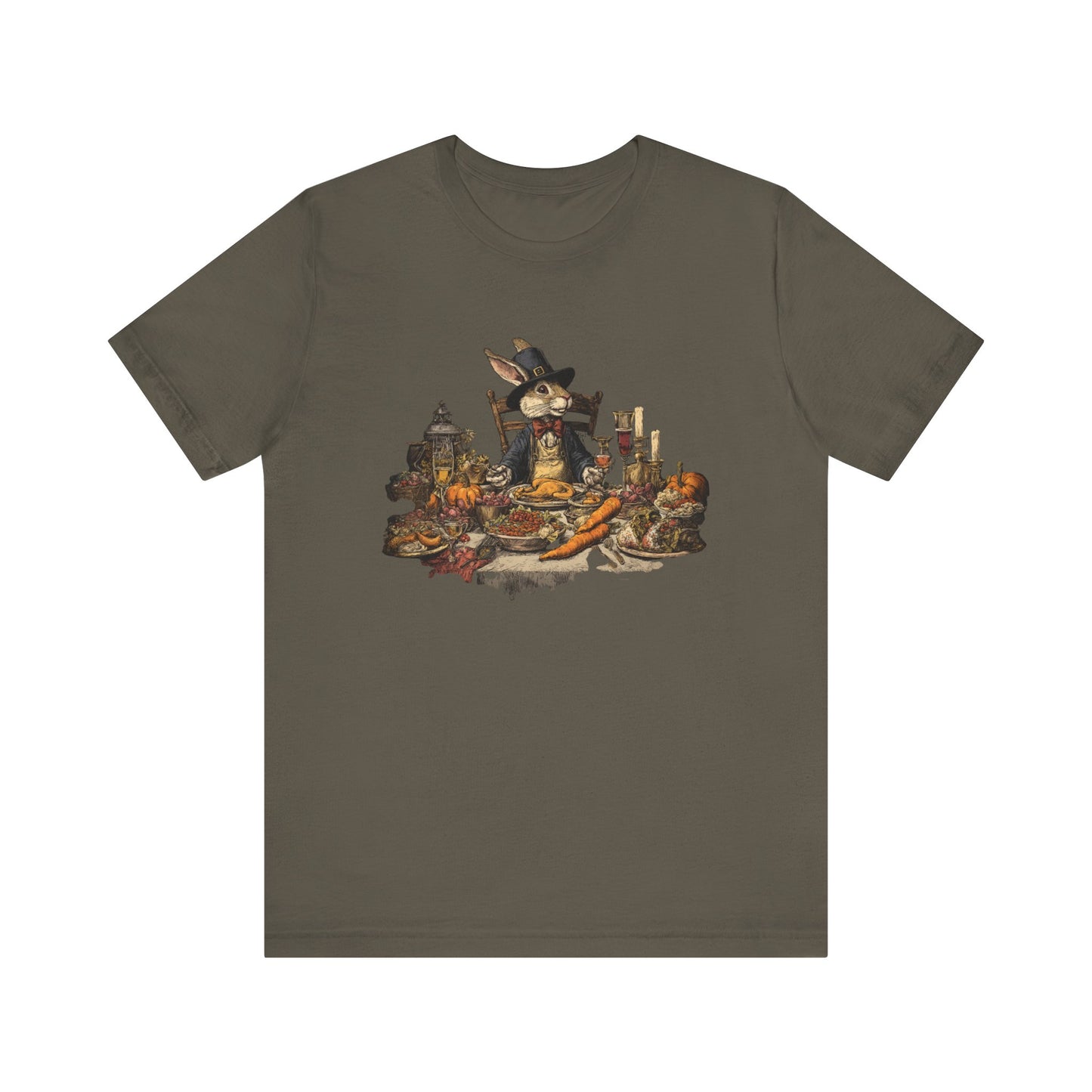 Thanksgiving Rabbit Feast T-Shirt Vintage Holiday Graphic Tee, Autumn Dinner Woodland Animal Shirt, Rustic Harvest Celebration Top