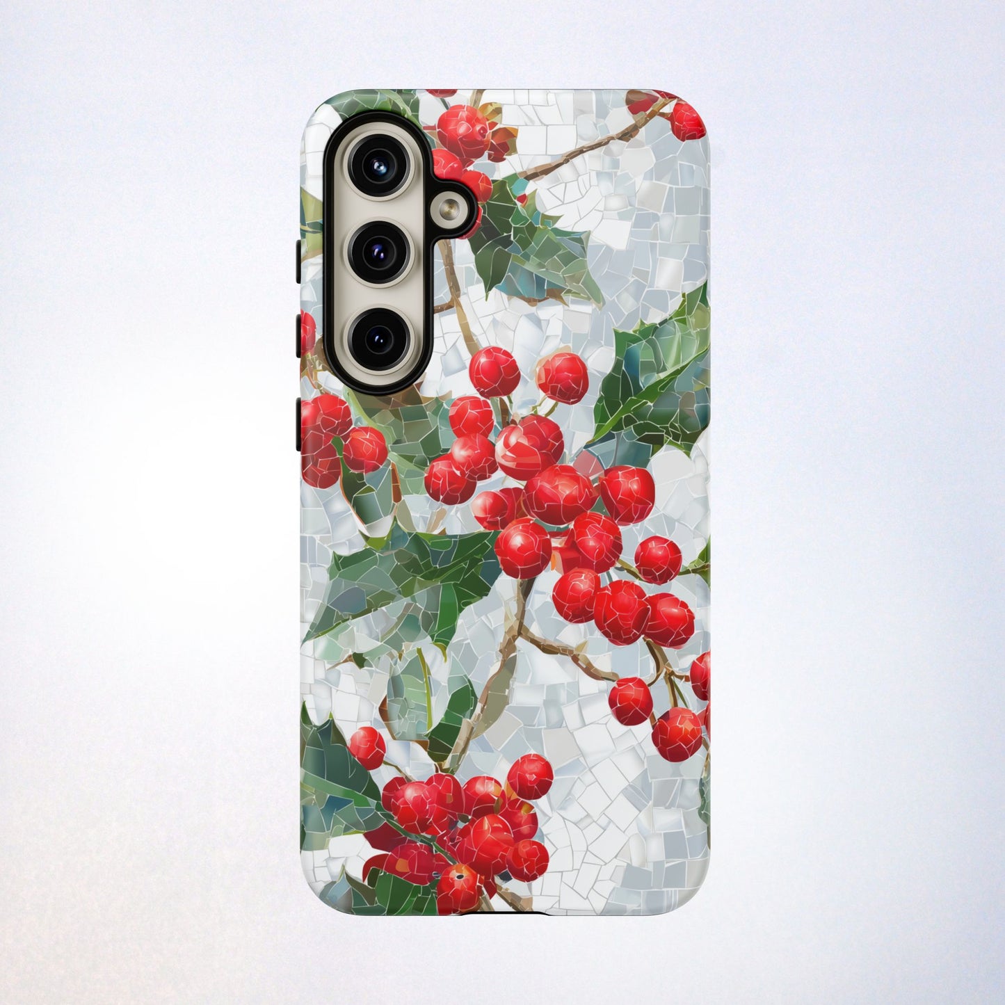Holly Berry Phone Case, Christmas Mosaic Design, Winter Botanical Cover for iPhone Samsung Pixel