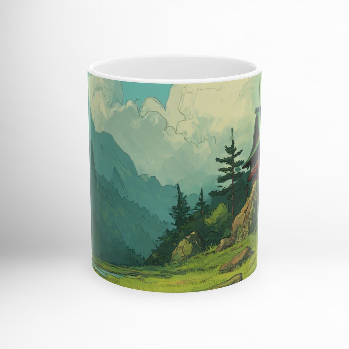 Ghibli-Inspired Mountain Cabin Mug Scenic Nature Ceramic Coffee Cup, Cozy Rustic Forest Drinkware, Whimsical Landscape Gift 11oz & 15oz