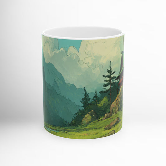 Ghibli-Inspired Mountain Cabin Mug Scenic Nature Ceramic Coffee Cup, Cozy Rustic Forest Drinkware, Whimsical Landscape Gift 11oz & 15oz