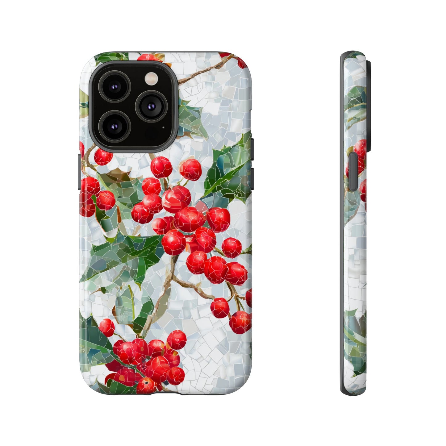 Holly Berry Phone Case, Christmas Mosaic Design, Winter Botanical Cover for iPhone Samsung Pixel