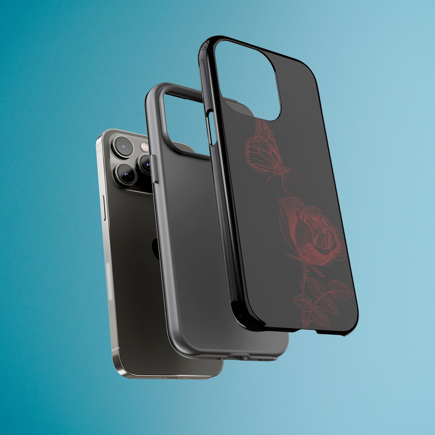 Black Rose and Butterfly Phone Case - Dark Academia Aesthetic Gothic iPhone, Galaxy and Pixel Cover