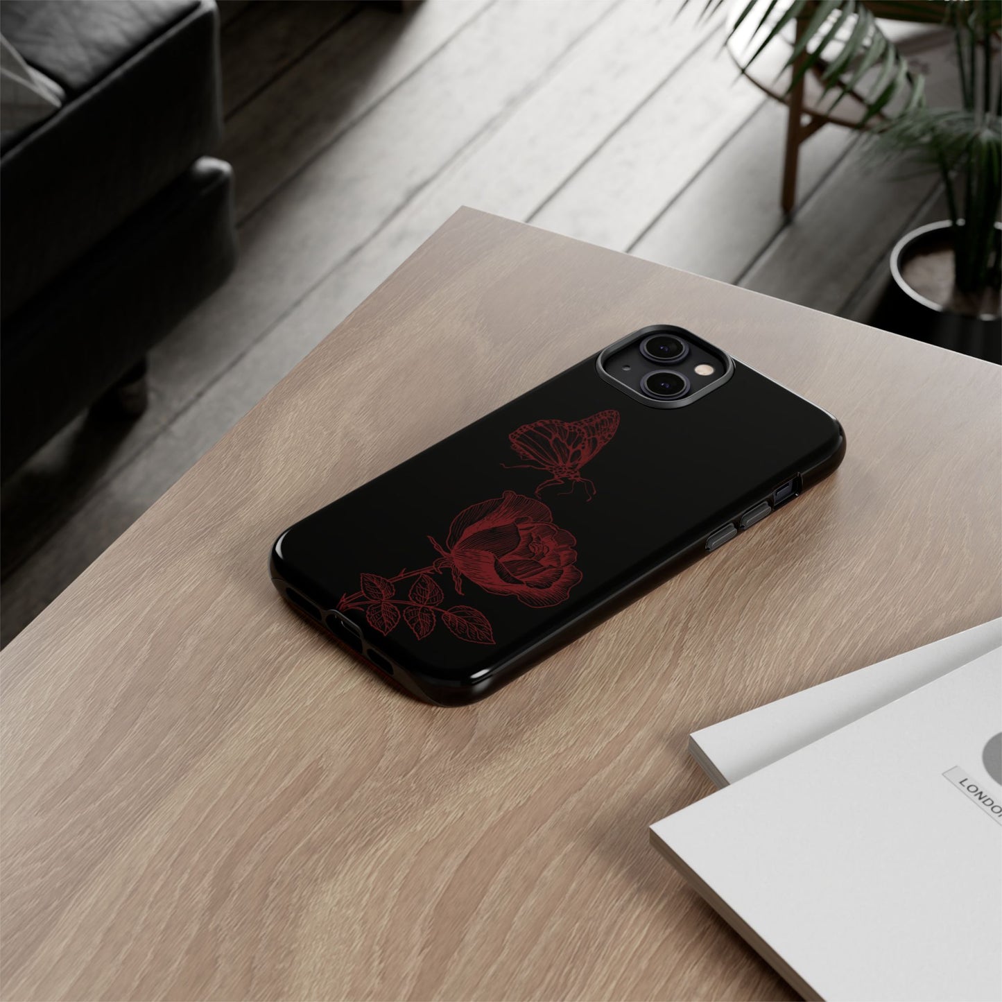 Black Rose and Butterfly Phone Case - Dark Academia Aesthetic Gothic iPhone, Galaxy and Pixel Cover