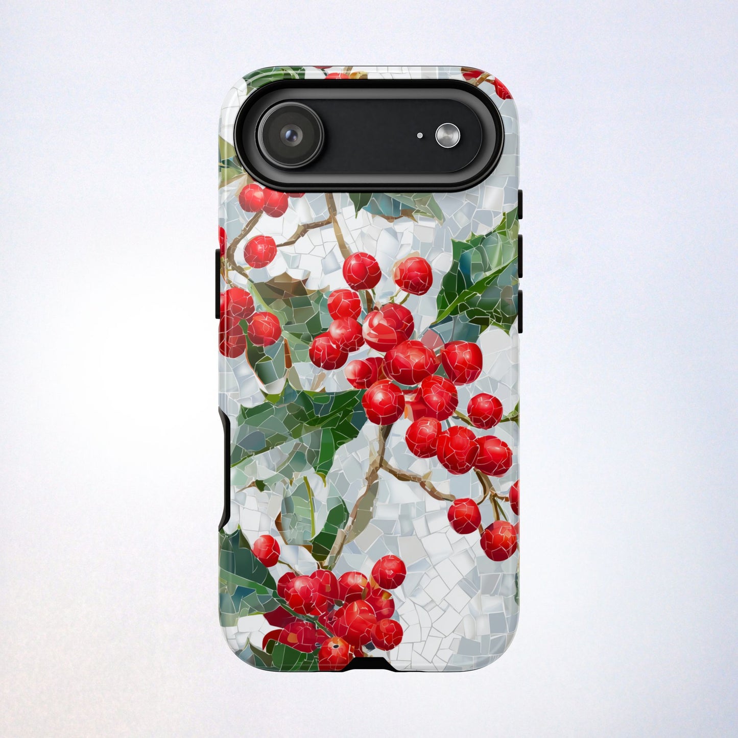 Holly Berry Phone Case, Christmas Mosaic Design, Winter Botanical Cover for iPhone Samsung Pixel