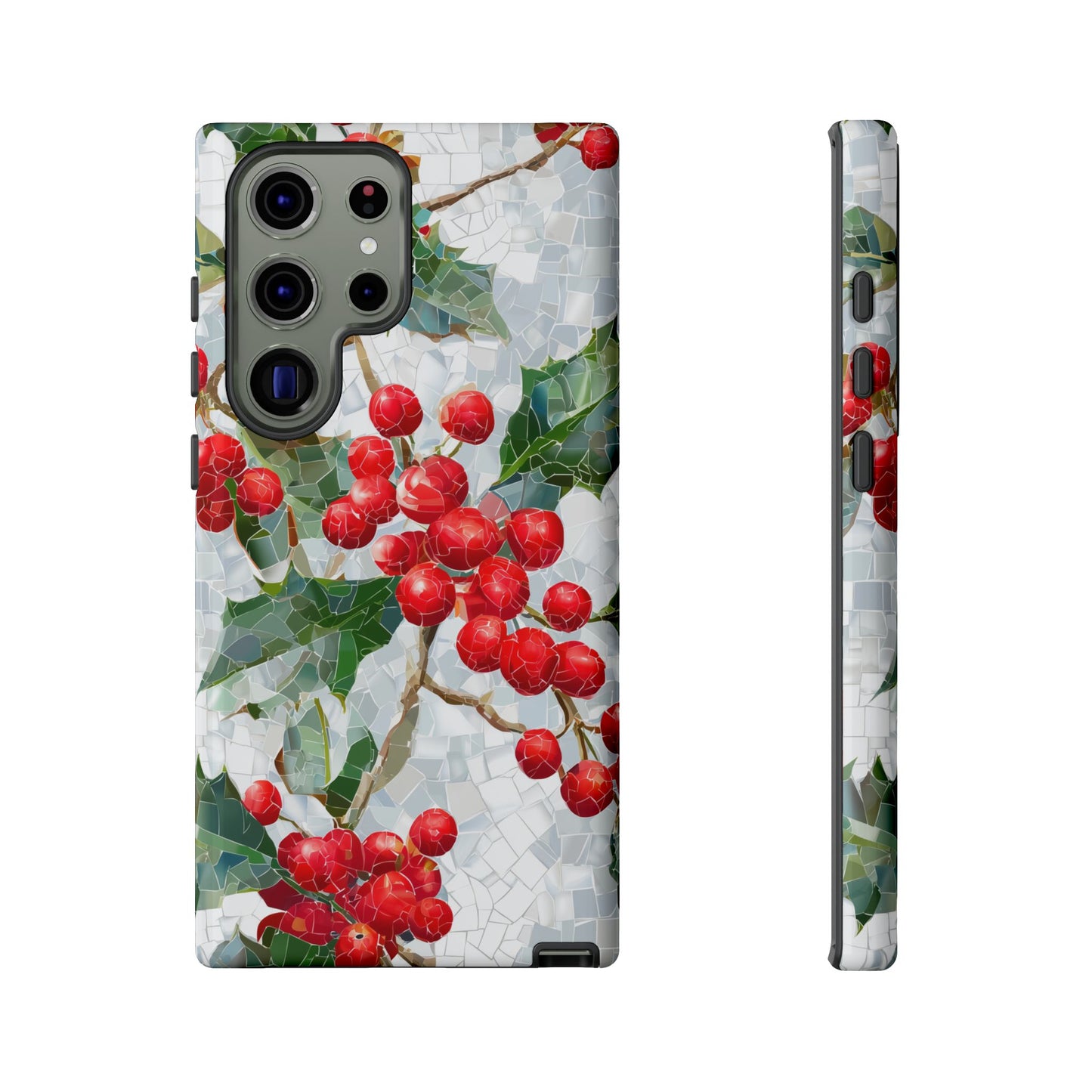 Holly Berry Phone Case, Christmas Mosaic Design, Winter Botanical Cover for iPhone Samsung Pixel