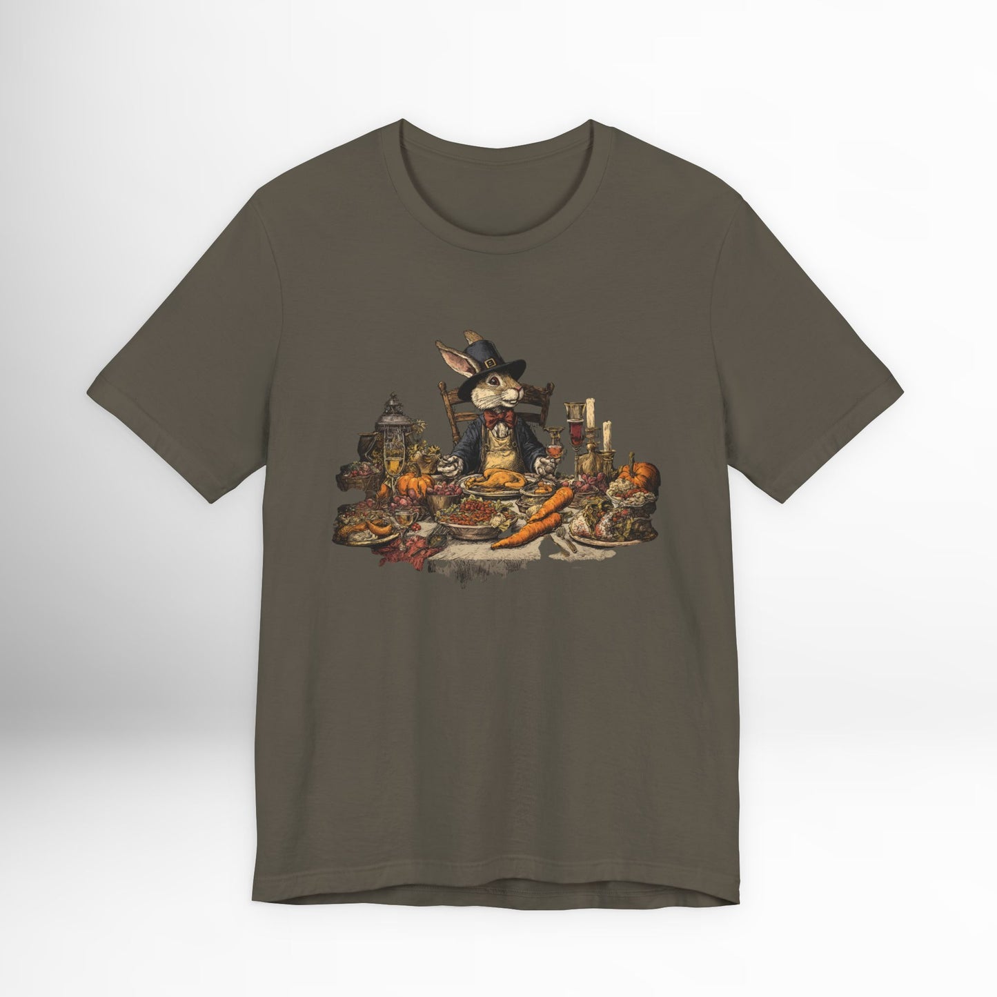 Thanksgiving Rabbit Feast T-Shirt Vintage Holiday Graphic Tee, Autumn Dinner Woodland Animal Shirt, Rustic Harvest Celebration Top