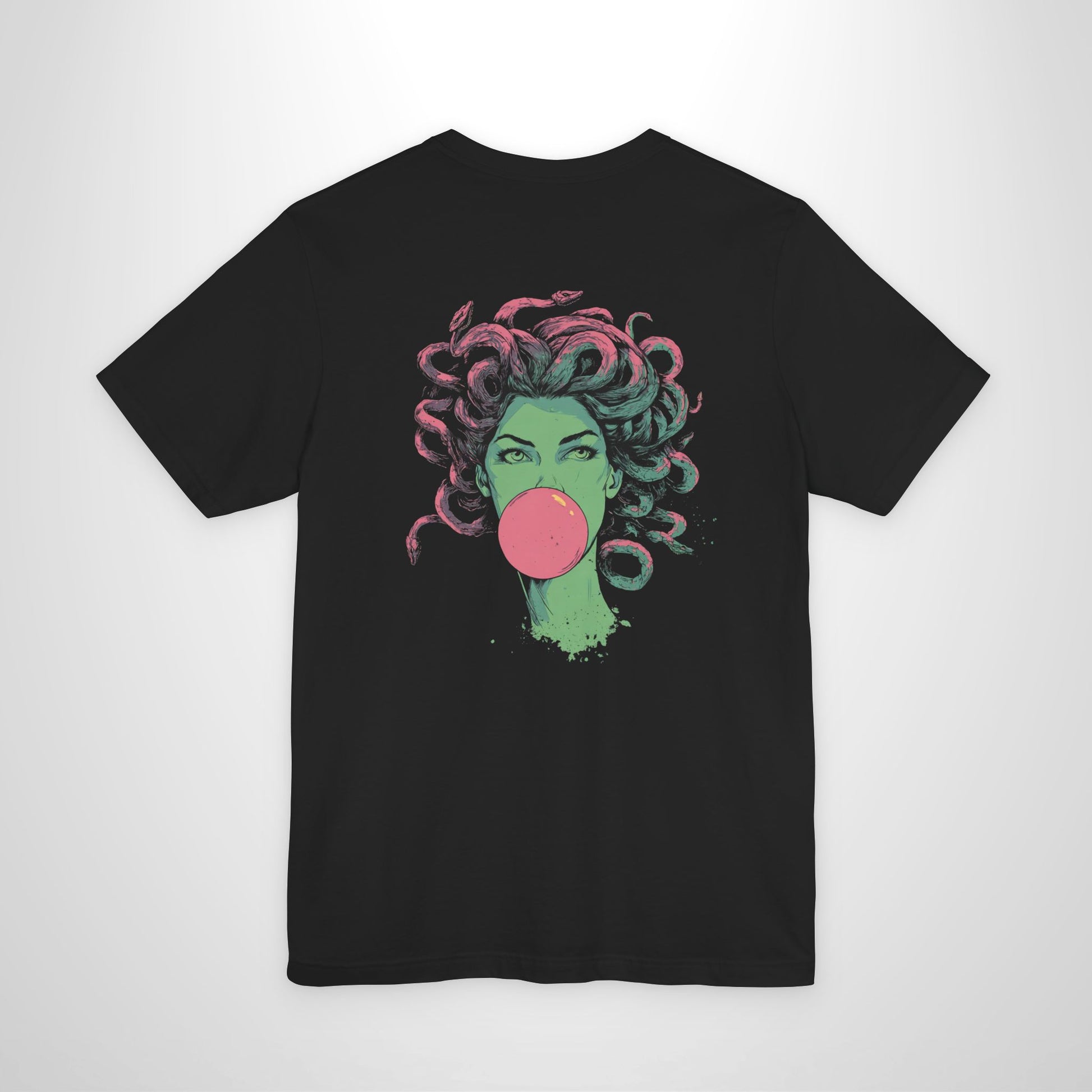 Black t-shirt with a graphic of a woman with pink hair and a bubble gum bubble on a white background