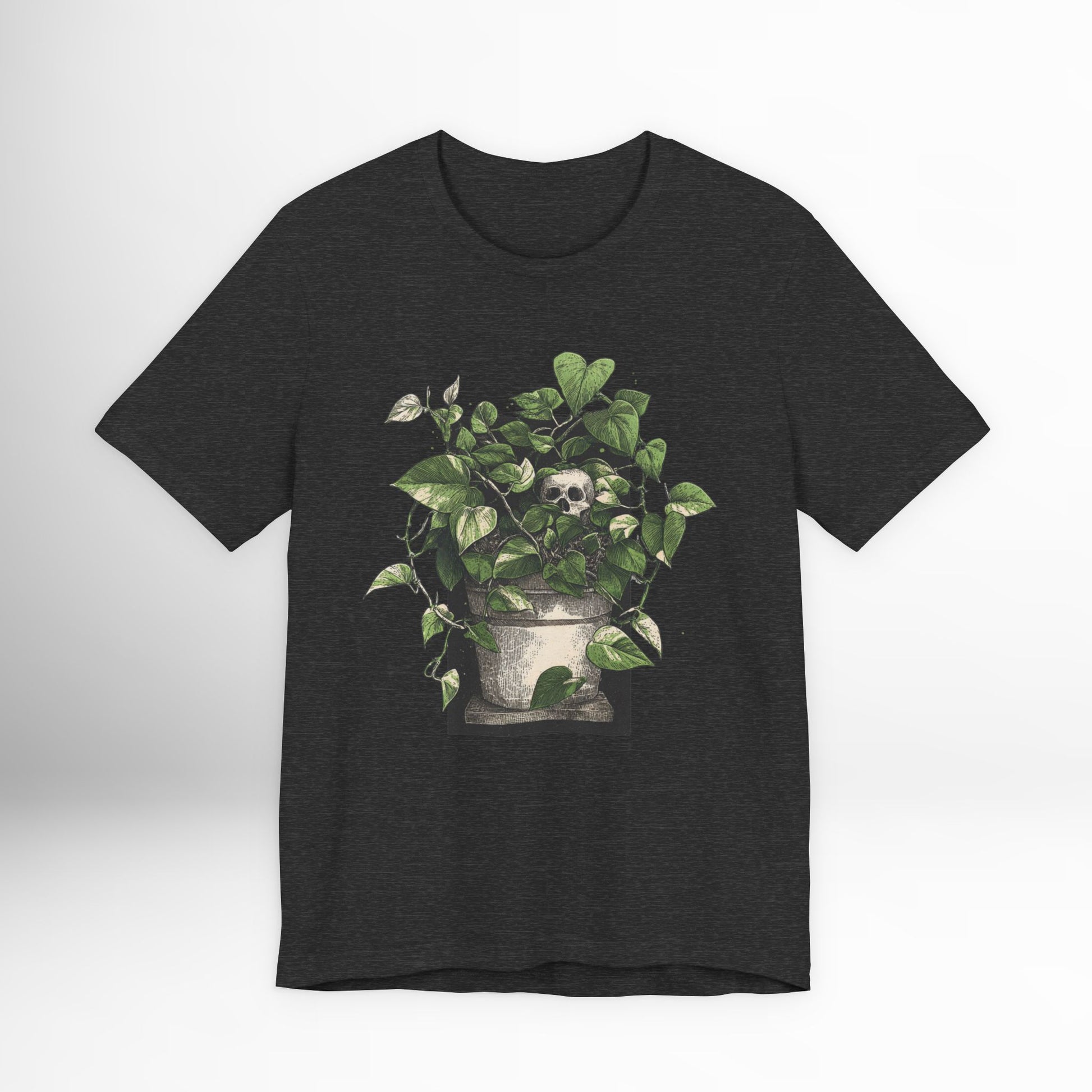 Black t-shirt with a skull and leaves design on a white background
