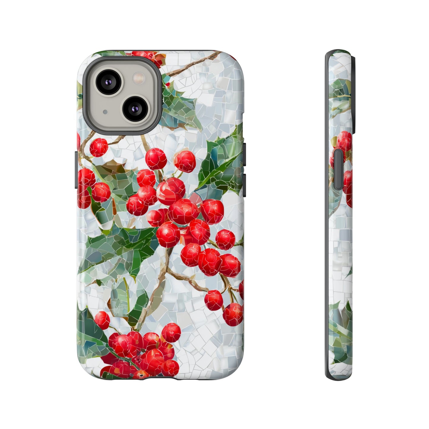 Holly Berry Phone Case, Christmas Mosaic Design, Winter Botanical Cover for iPhone Samsung Pixel
