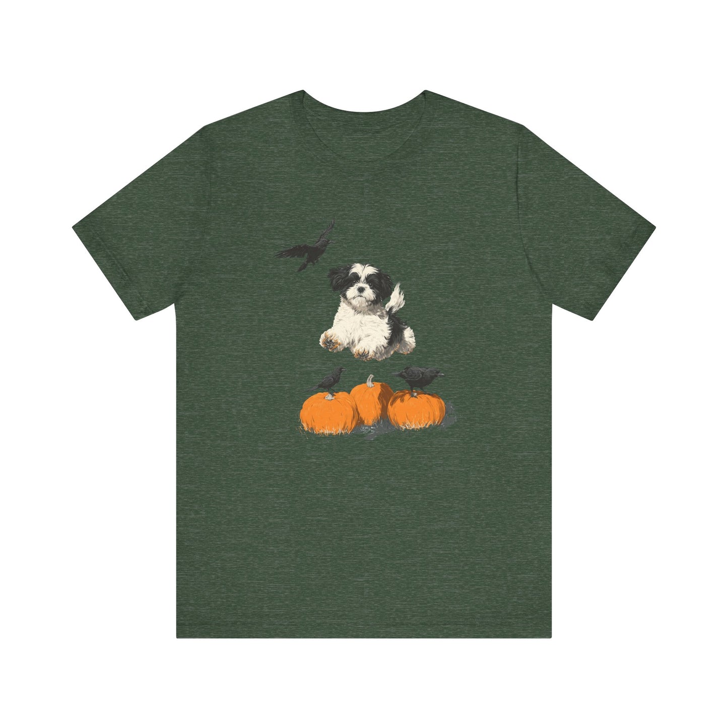 Shih Tzu Fall Shirt Black & White Dog Tee with Pumpkins and Crows, Autumn Pet Lover Gift, Halloween Cozy Graphic T-Shirt