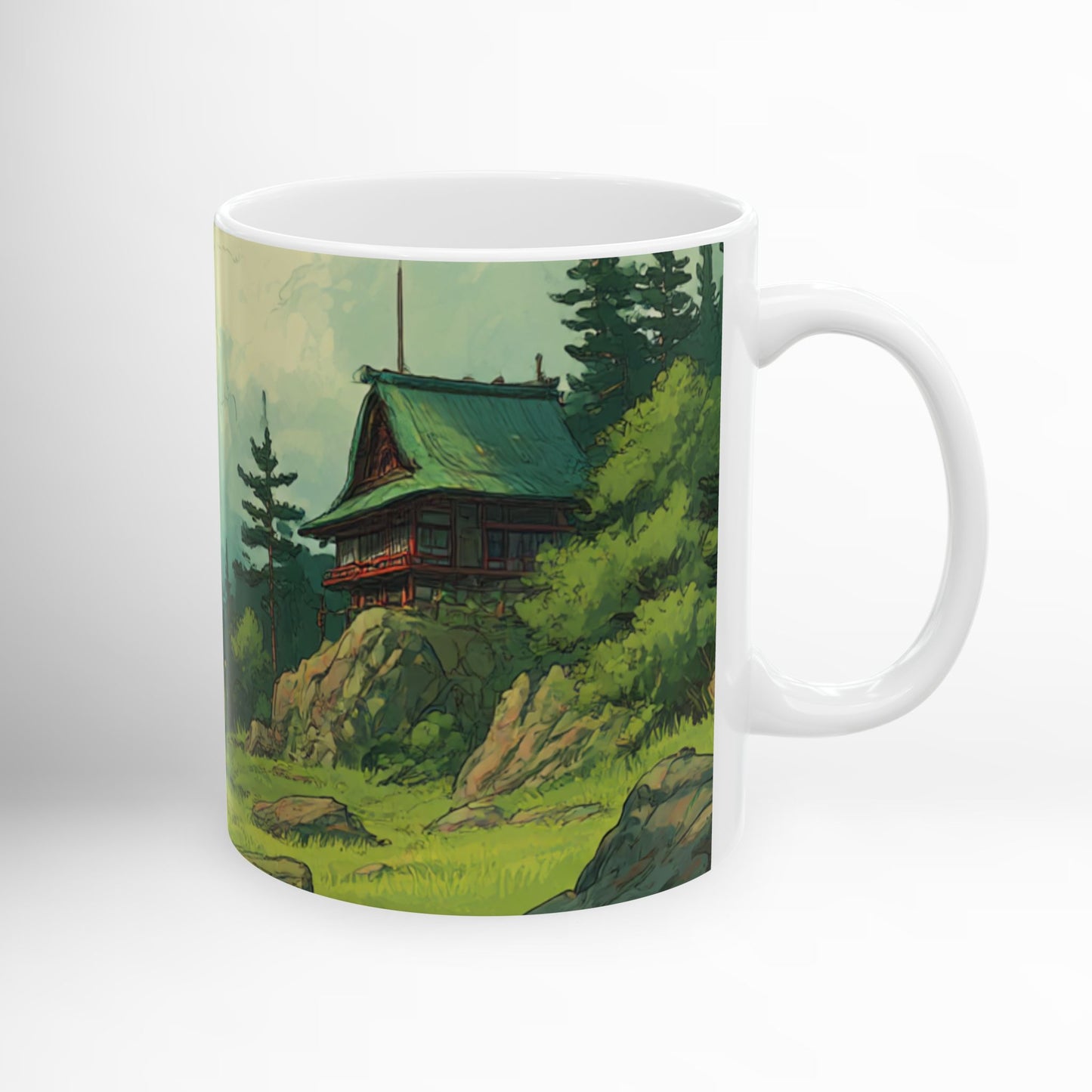 Ghibli-Inspired Mountain Cabin Mug Scenic Nature Ceramic Coffee Cup, Cozy Rustic Forest Drinkware, Whimsical Landscape Gift 11oz & 15oz