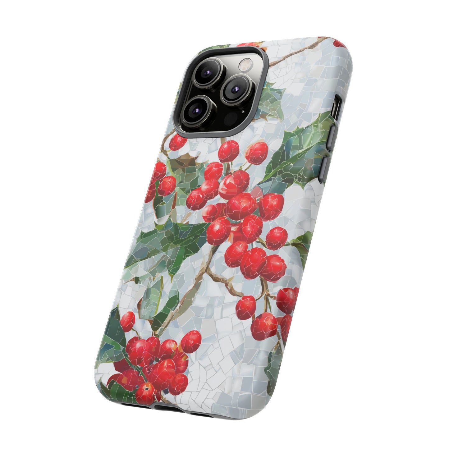 Holly Berry Phone Case, Christmas Mosaic Design, Winter Botanical Cover for iPhone Samsung Pixel