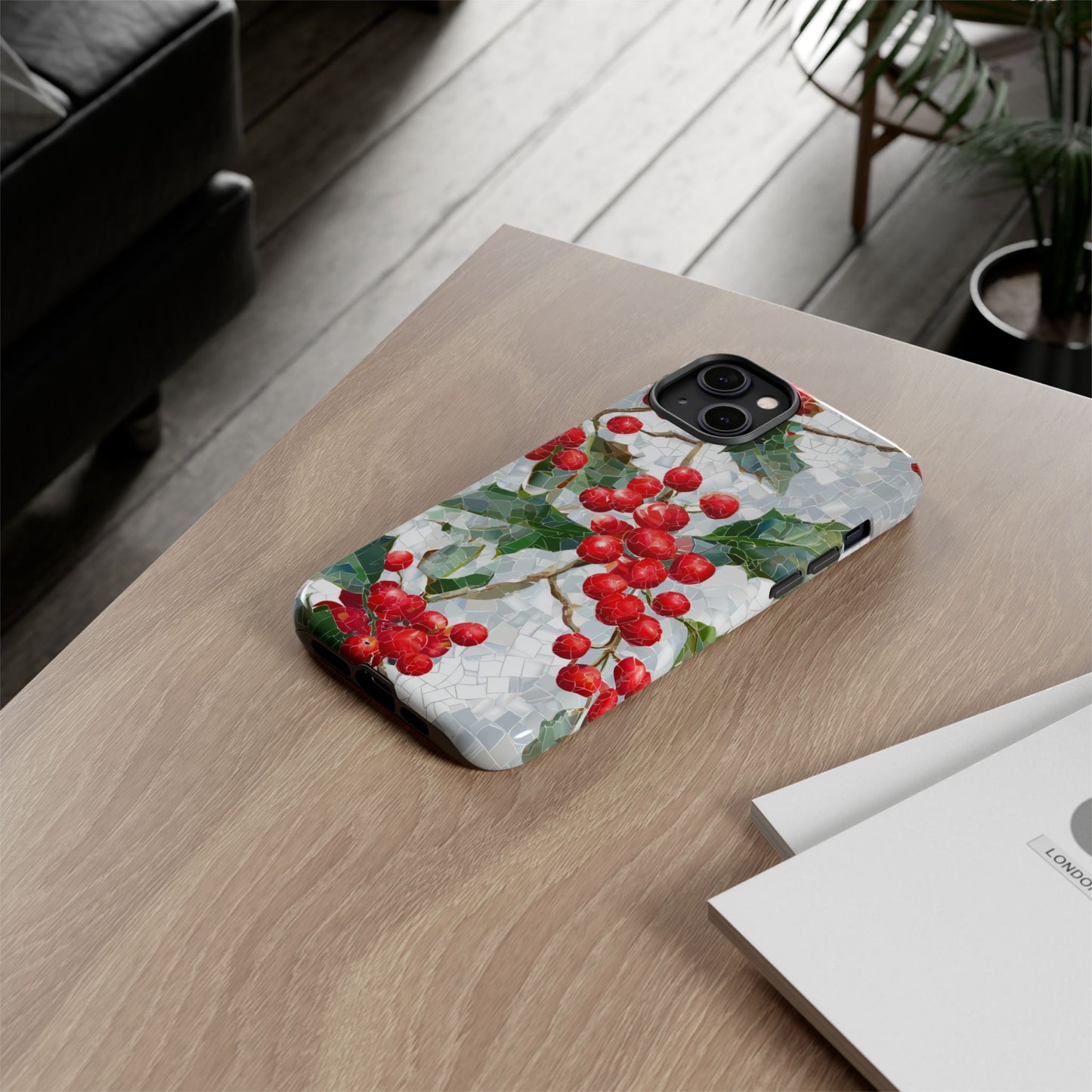 Holly Berry Phone Case, Christmas Mosaic Design, Winter Botanical Cover for iPhone Samsung Pixel