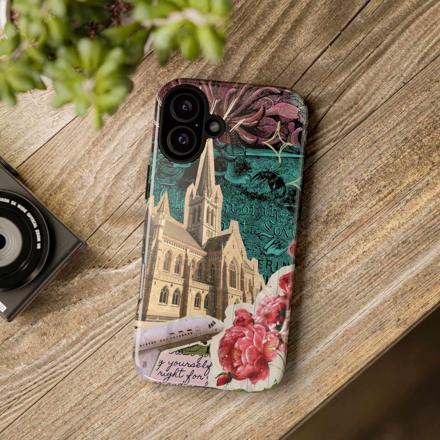 Gothic Cathedral Phone Case, Dark Academia Aesthetic, Fall Floral Art iPhone Samsung Pixel Cover, Scrapbook Vintage Phone Case Design