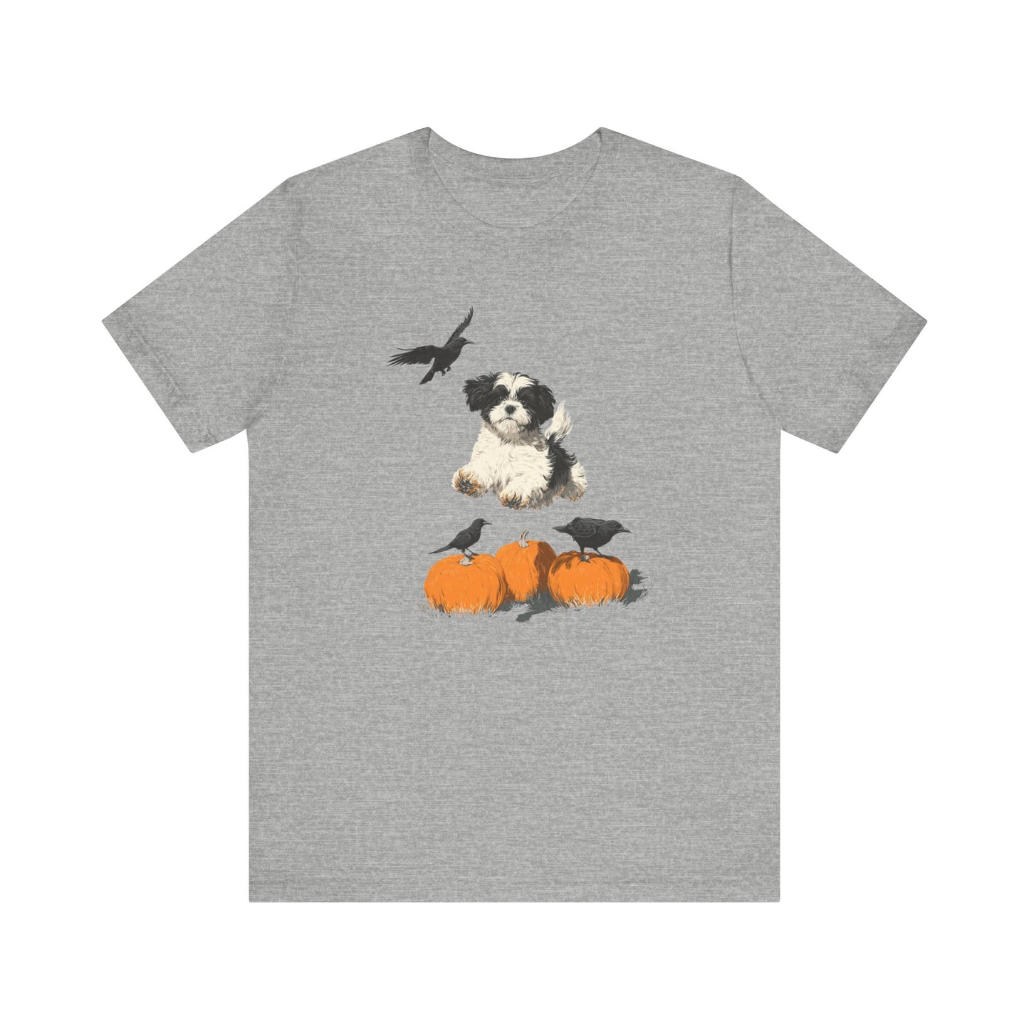 Shih Tzu Fall Shirt Black & White Dog Tee with Pumpkins and Crows, Autumn Pet Lover Gift, Halloween Cozy Graphic T-Shirt