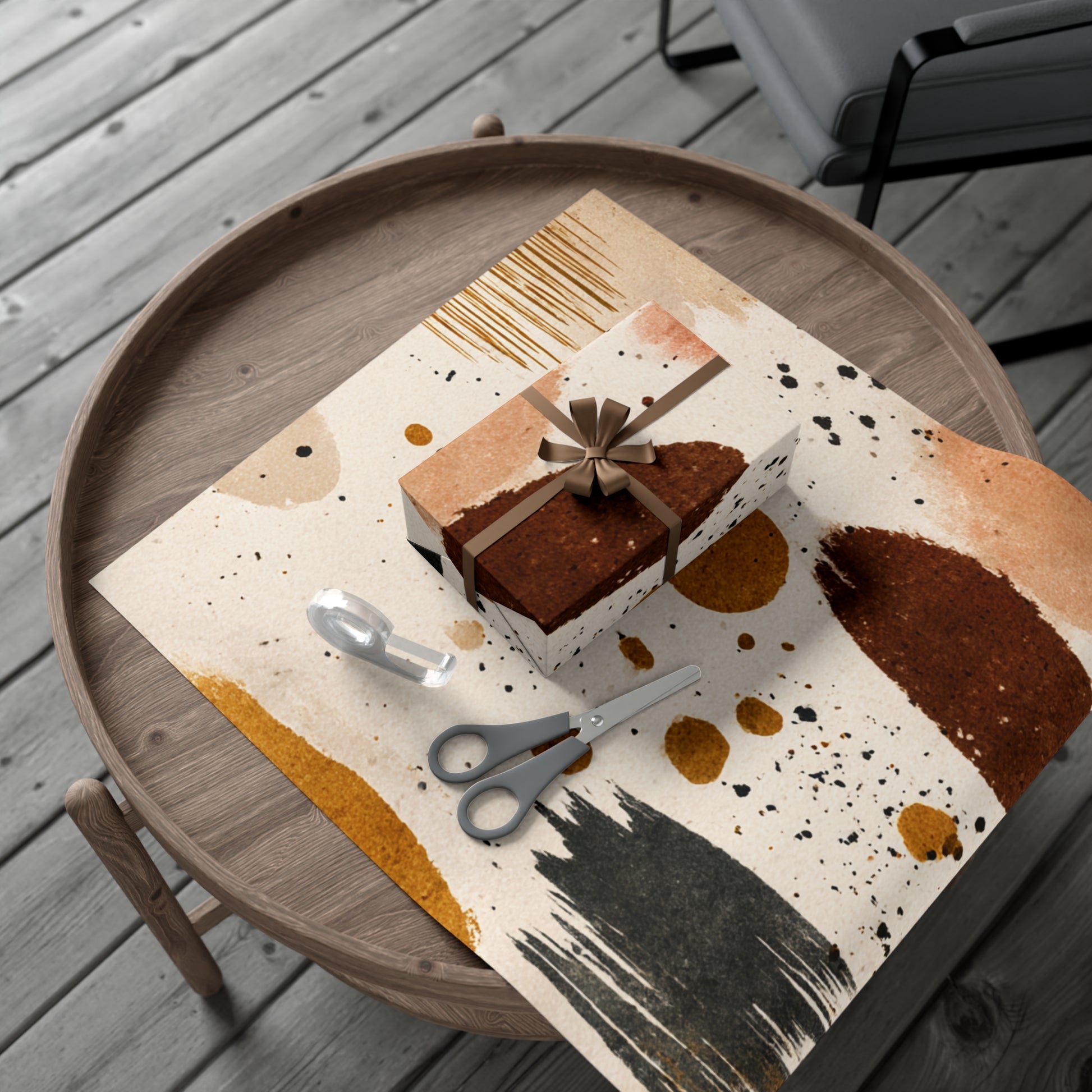 Rustic abstract brown and gold wrapping paper sheet with brush stroke design – modern holiday gift wrap.