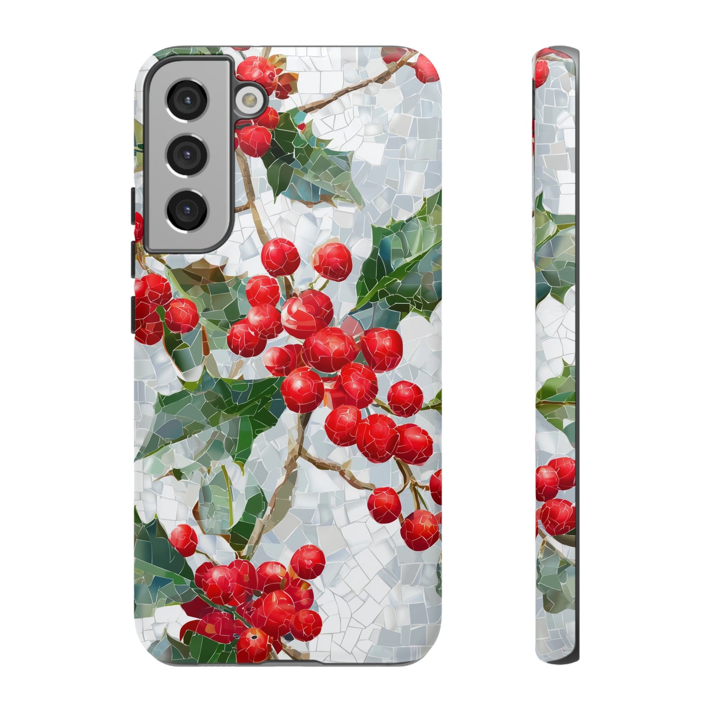Holly Berry Phone Case, Christmas Mosaic Design, Winter Botanical Cover for iPhone Samsung Pixel