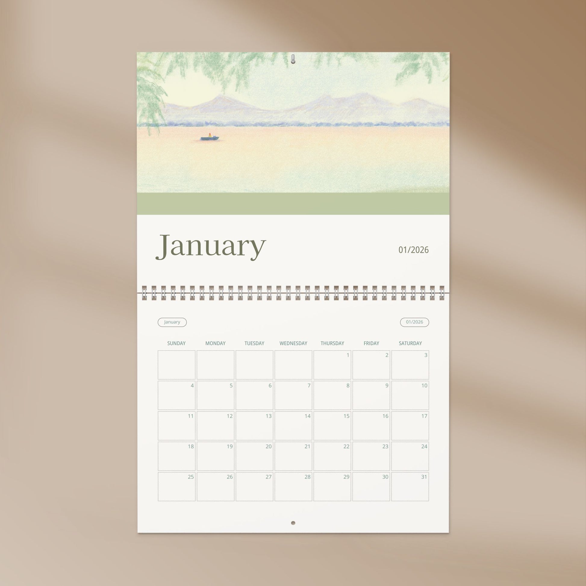 2026 botanical wall calendar with nature-inspired monthly illustrations and planner grids.
