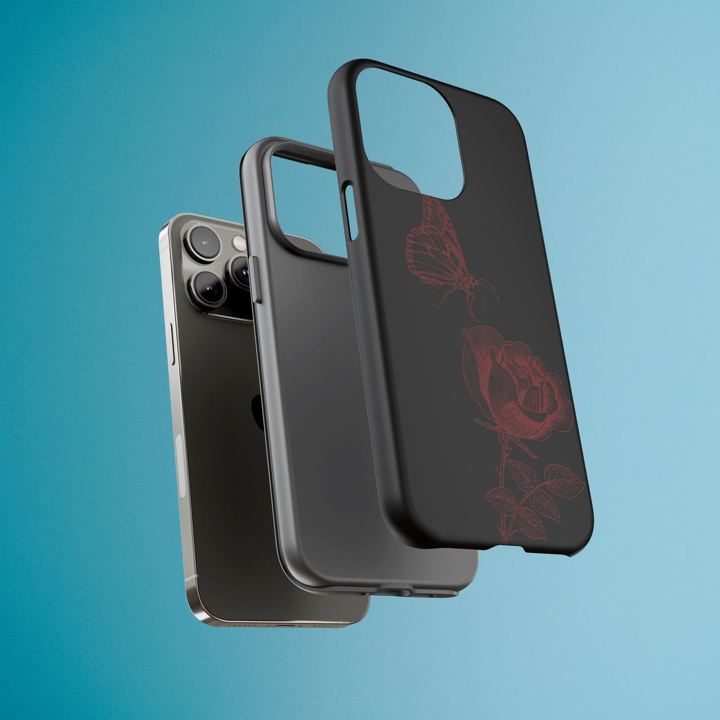 Black Rose and Butterfly Phone Case - Dark Academia Aesthetic Gothic iPhone, Galaxy and Pixel Cover