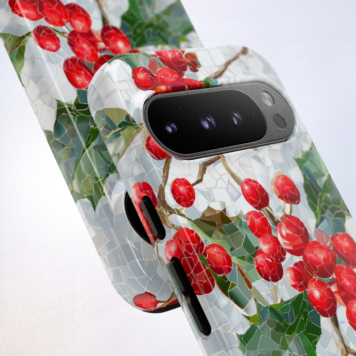 Holly Berry Phone Case, Christmas Mosaic Design, Winter Botanical Cover for iPhone Samsung Pixel