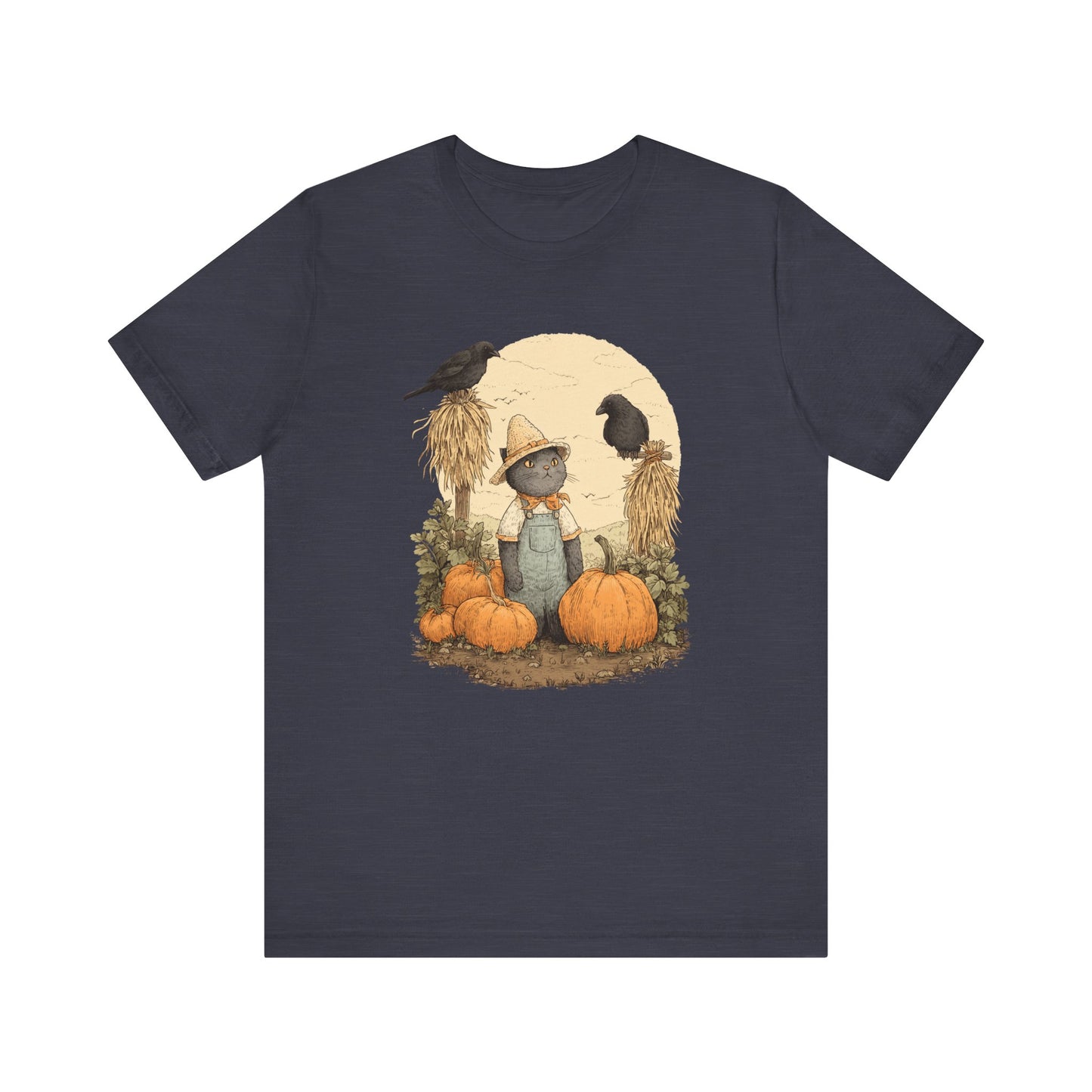 Harvest Cat T-Shirt Grey Cat with Scarecrows & Pumpkins, Fall Graphic Tee, Halloween Cute Creepy Shirt, Autumn Pet Lover Gift