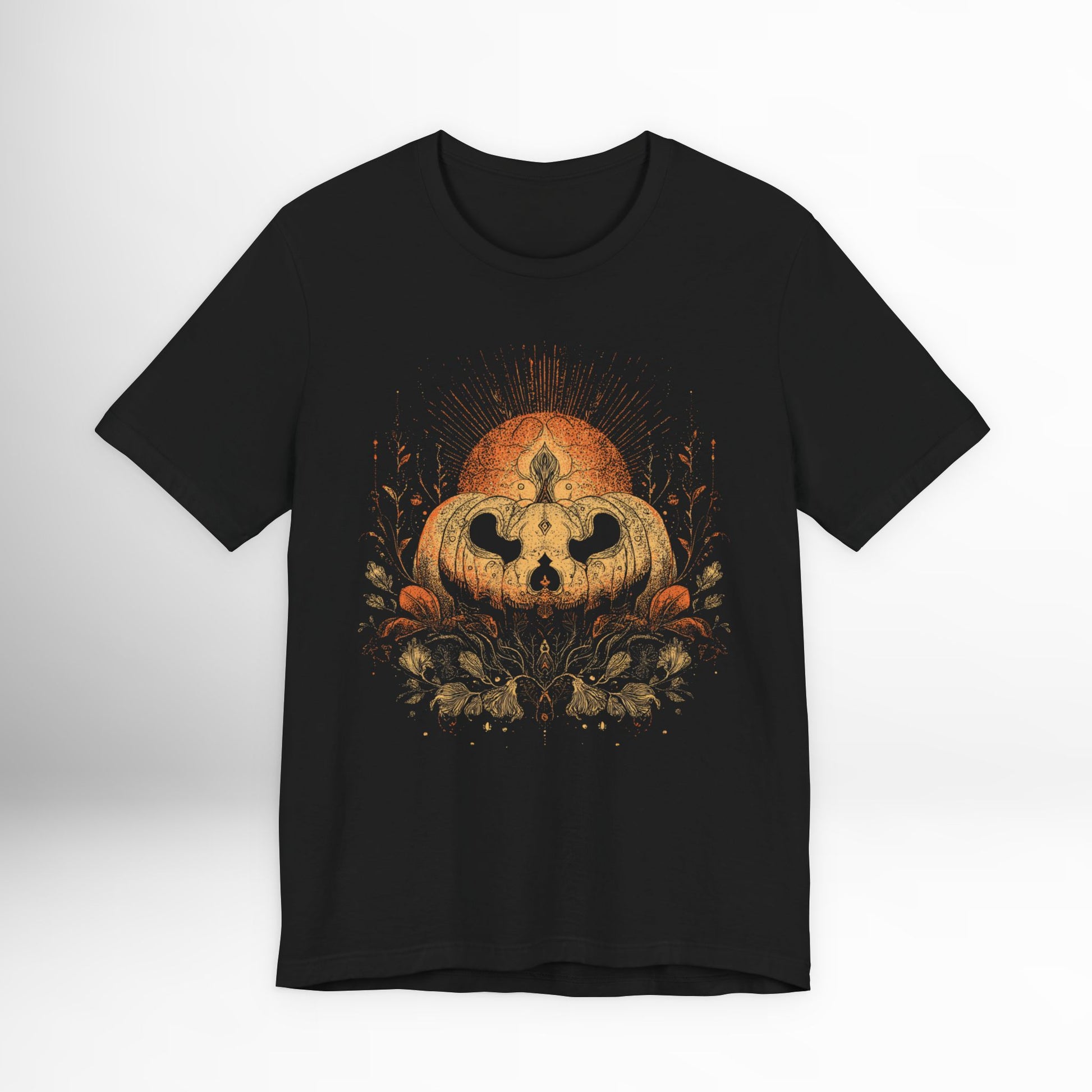 Black t-shirt with a pumpkin graphic on a white background