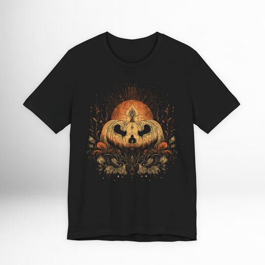 Black t-shirt with a pumpkin graphic on a white background