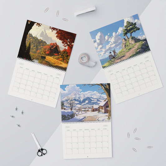 2026 wall calendar with Studio Ghibli inspired landscape scenes, hanging and flat display mockups.