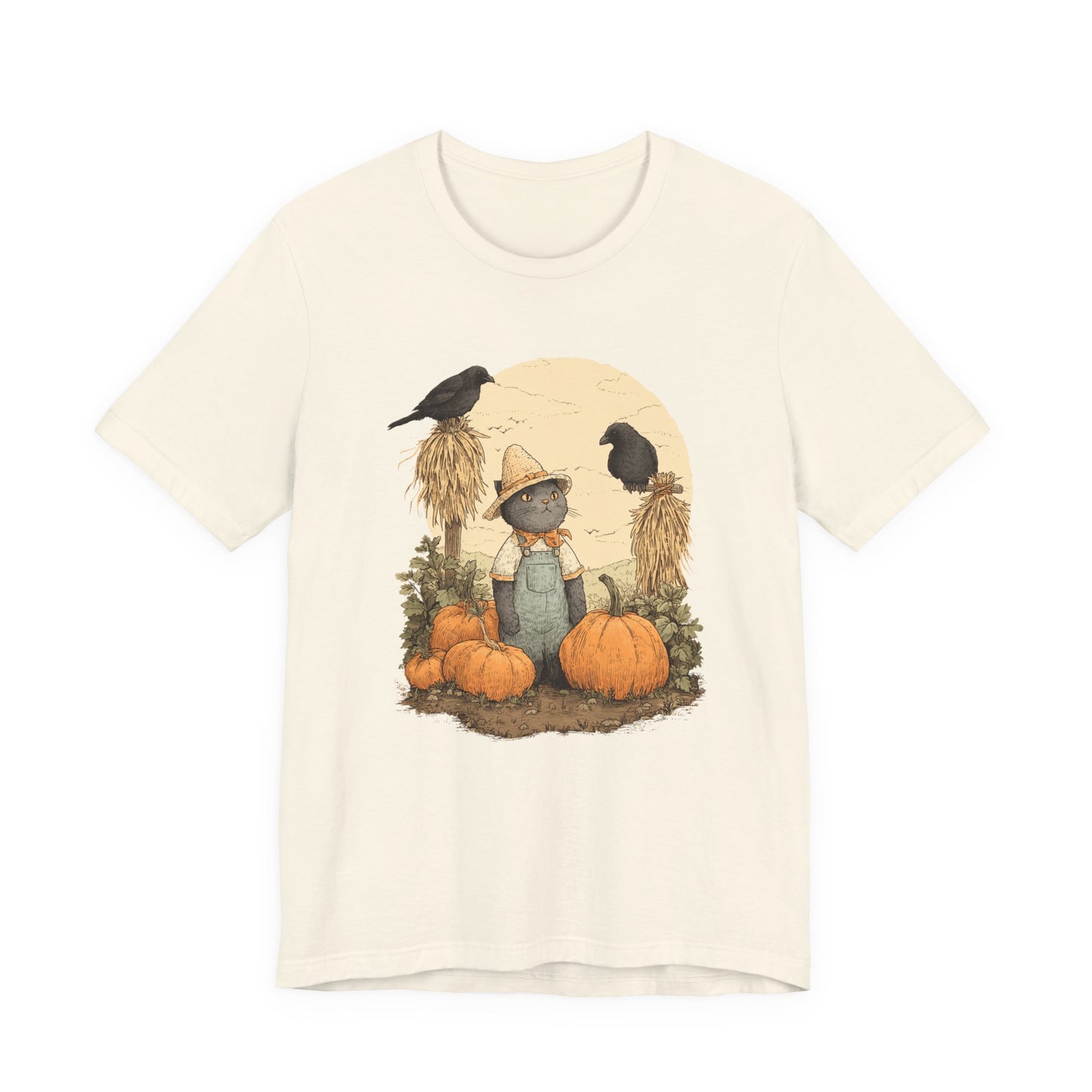 Harvest Cat T-Shirt Grey Cat with Scarecrows & Pumpkins, Fall Graphic Tee, Halloween Cute Creepy Shirt, Autumn Pet Lover Gift