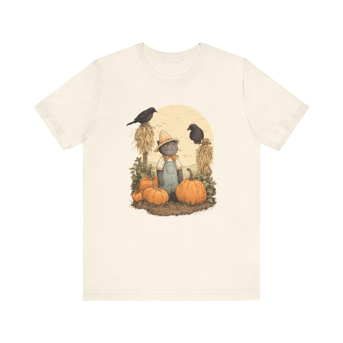 Harvest Cat T-Shirt Grey Cat with Scarecrows & Pumpkins, Fall Graphic Tee, Halloween Cute Creepy Shirt, Autumn Pet Lover Gift