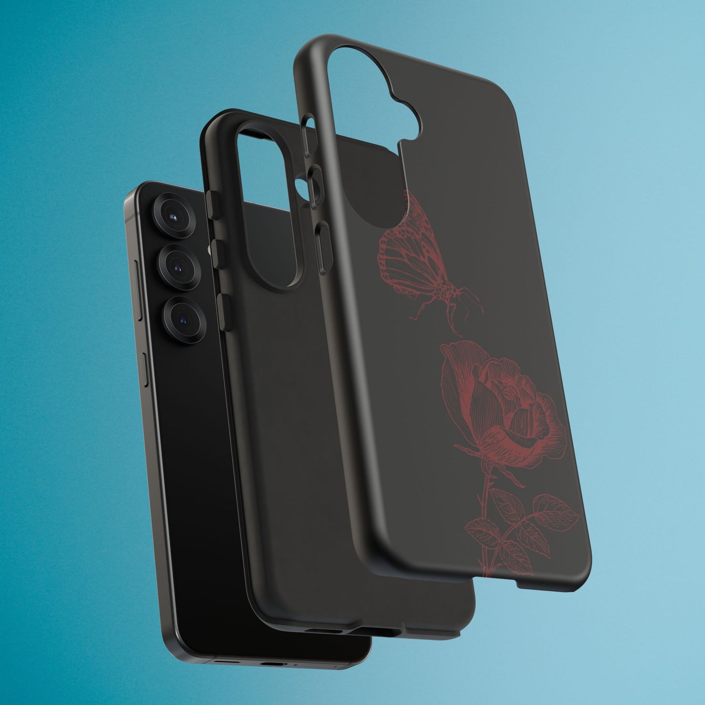Black Rose and Butterfly Phone Case - Dark Academia Aesthetic Gothic iPhone, Galaxy and Pixel Cover