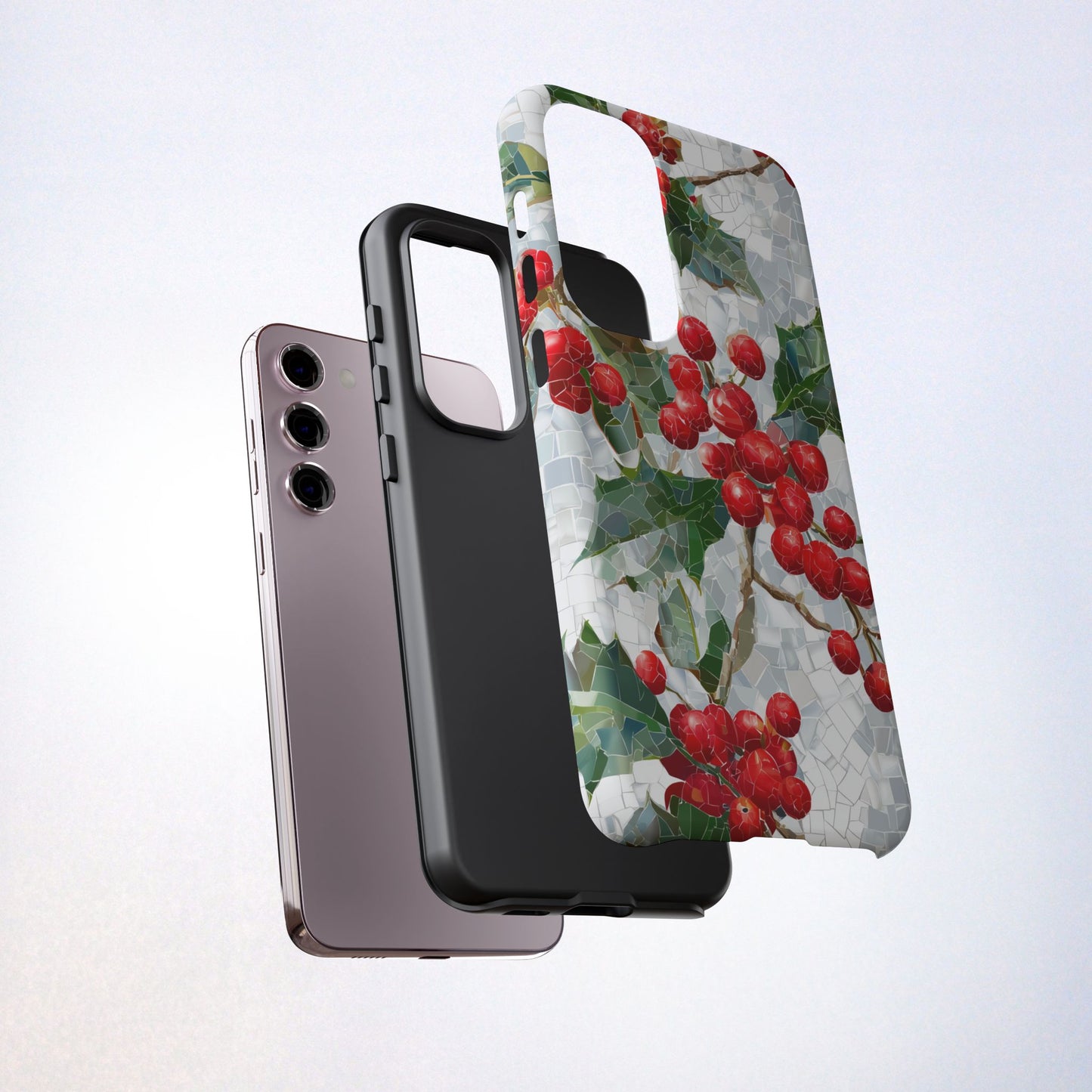 Holly Berry Phone Case, Christmas Mosaic Design, Winter Botanical Cover for iPhone Samsung Pixel