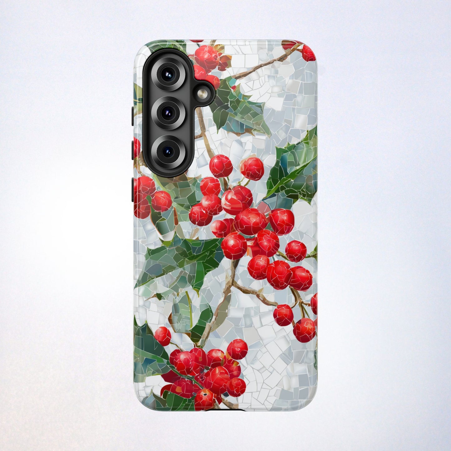 Holly Berry Phone Case, Christmas Mosaic Design, Winter Botanical Cover for iPhone Samsung Pixel