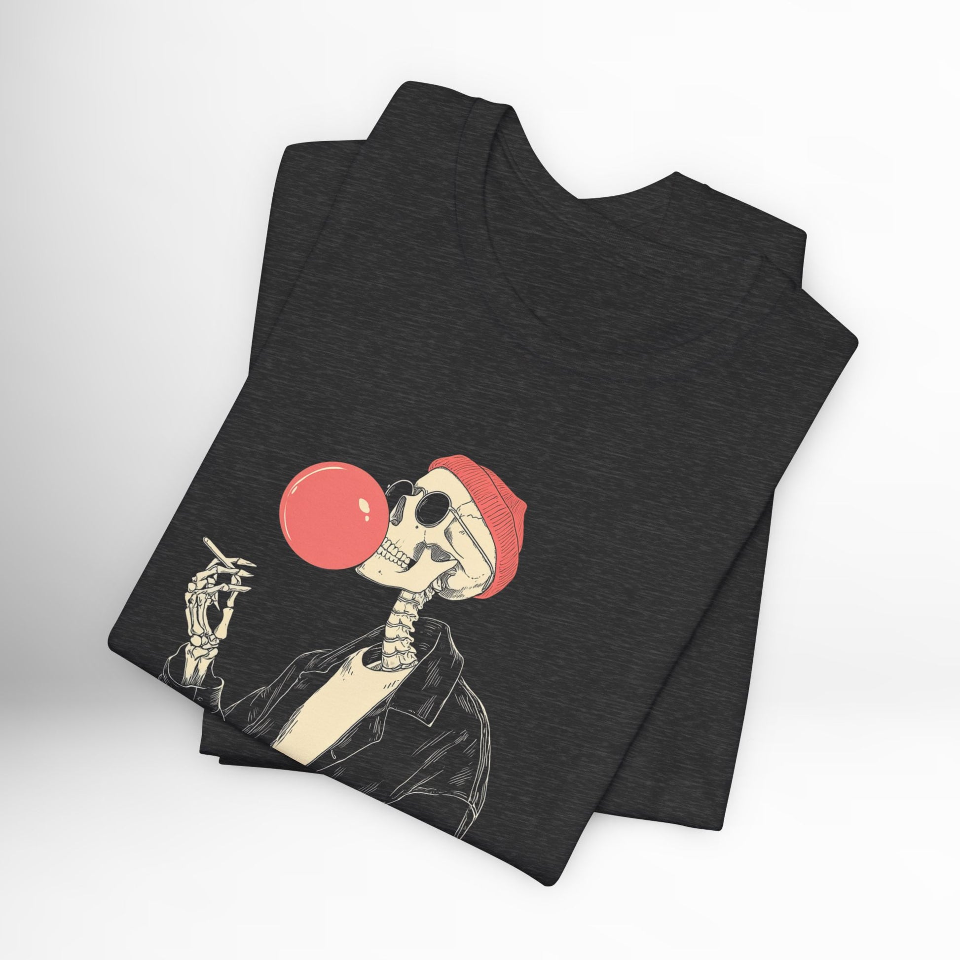 Dark gray t-shirt with a skeleton blowing a red bubble gum bubble design on a white background