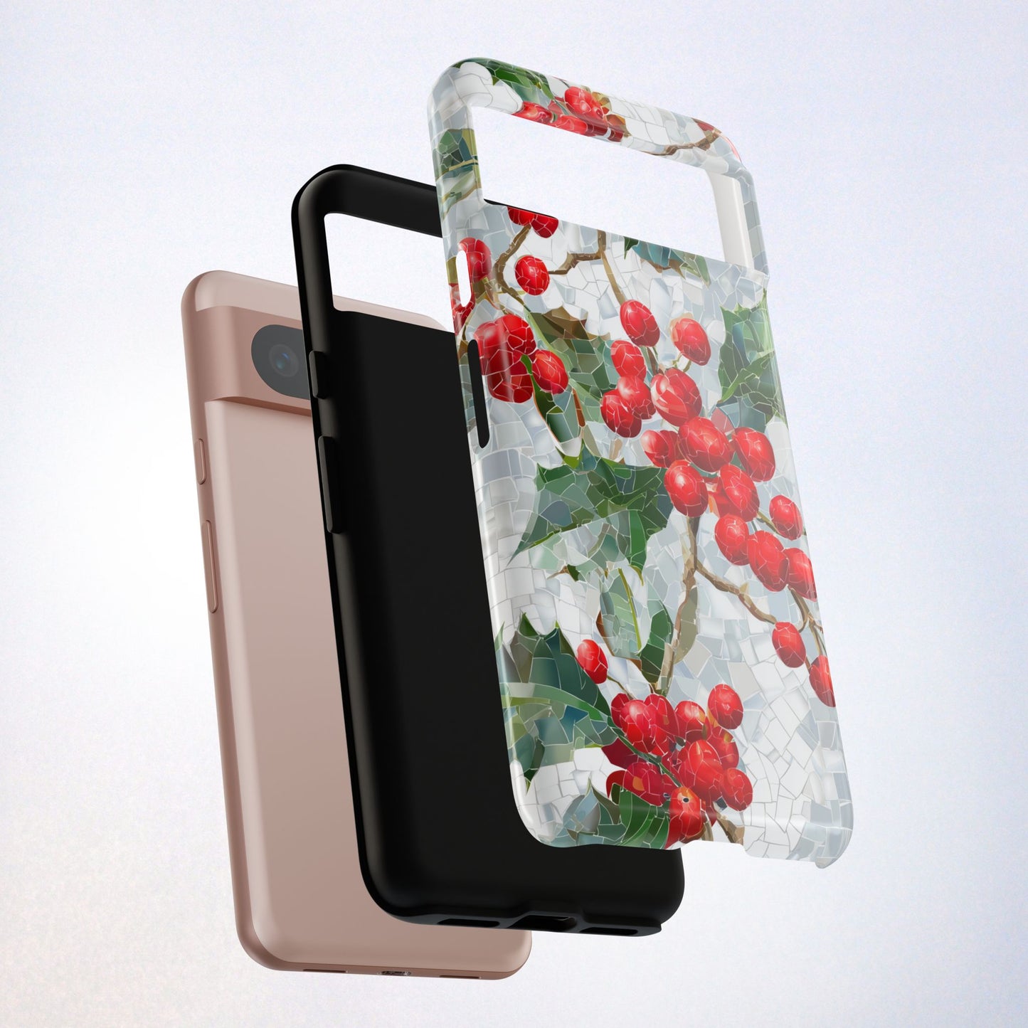 Holly Berry Phone Case, Christmas Mosaic Design, Winter Botanical Cover for iPhone Samsung Pixel