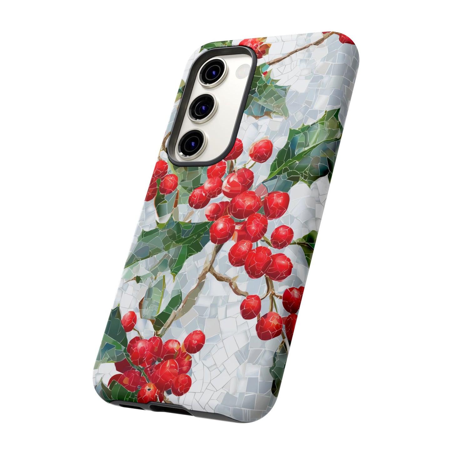 Holly Berry Phone Case, Christmas Mosaic Design, Winter Botanical Cover for iPhone Samsung Pixel