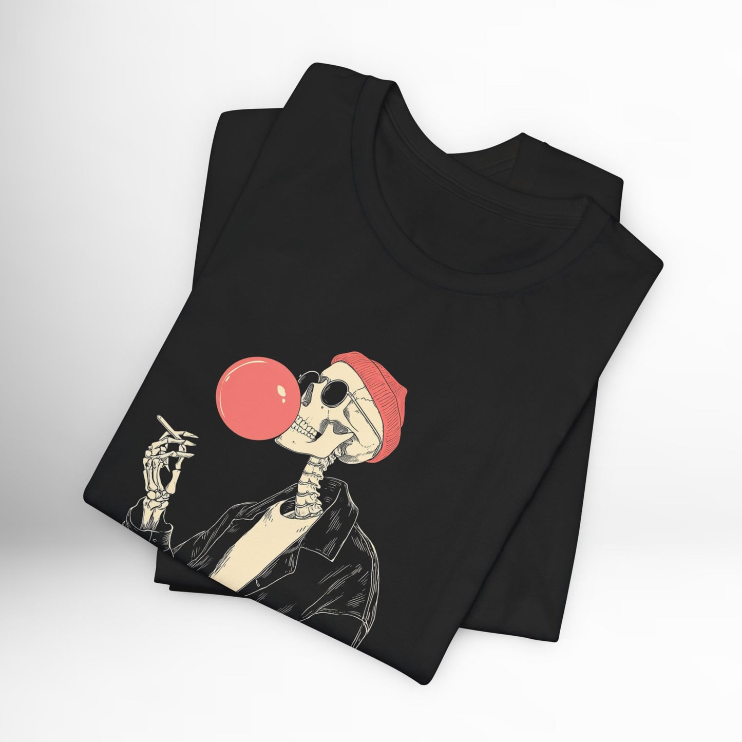 Black t-shirt with a skeleton blowing a red bubble gum bubble design on a white background