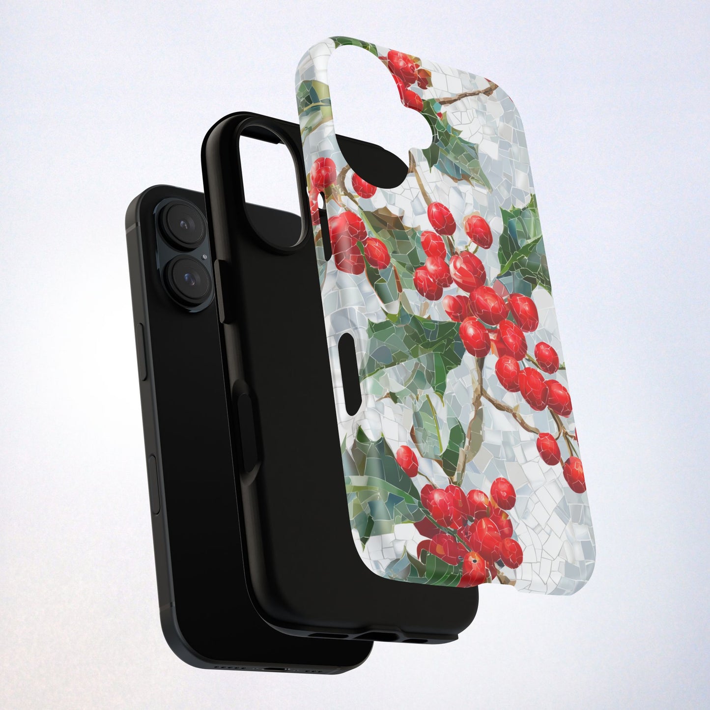 Holly Berry Phone Case, Christmas Mosaic Design, Winter Botanical Cover for iPhone Samsung Pixel