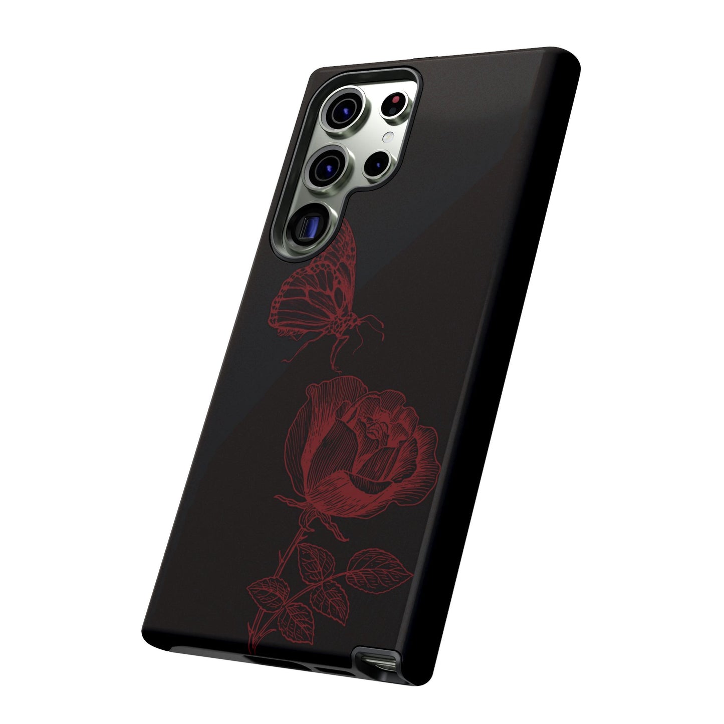 Black Rose and Butterfly Phone Case - Dark Academia Aesthetic Gothic iPhone, Galaxy and Pixel Cover